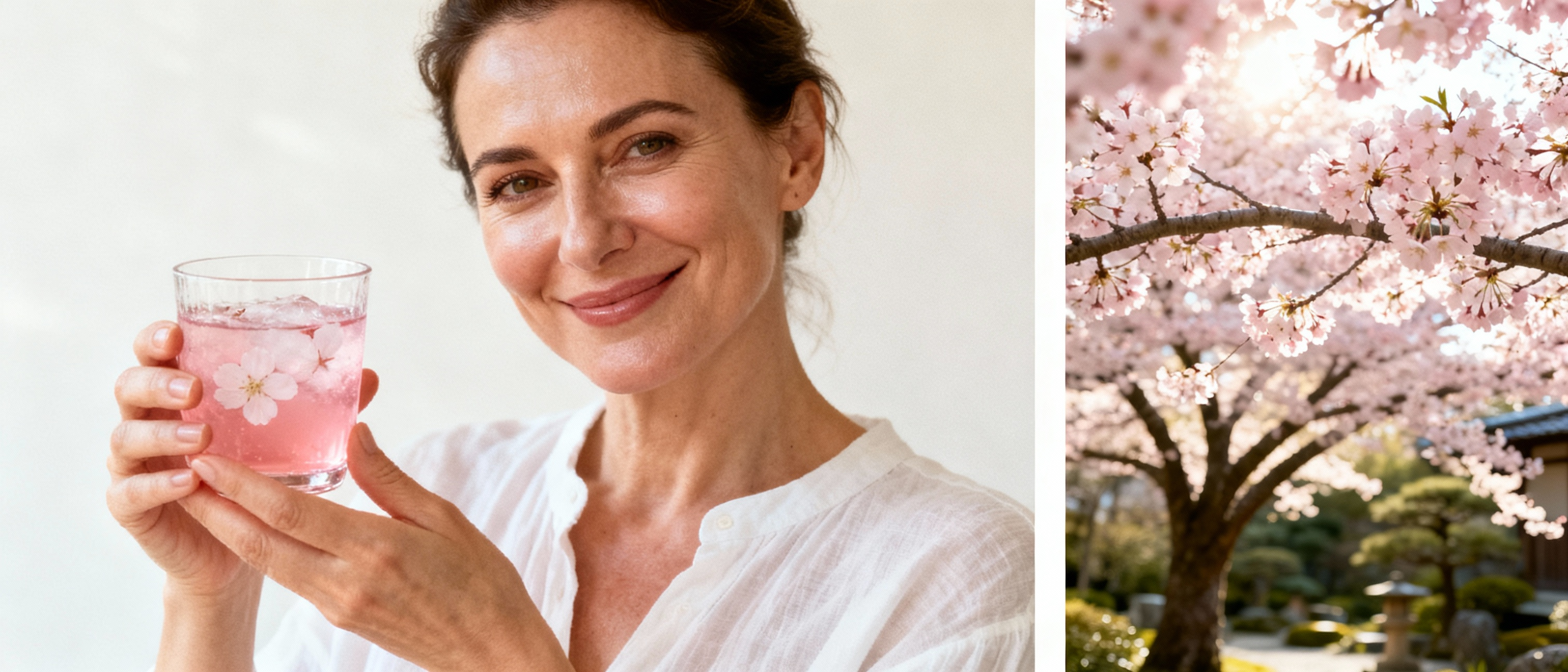 Japonská žena so žiarivou pleťou a sakurou